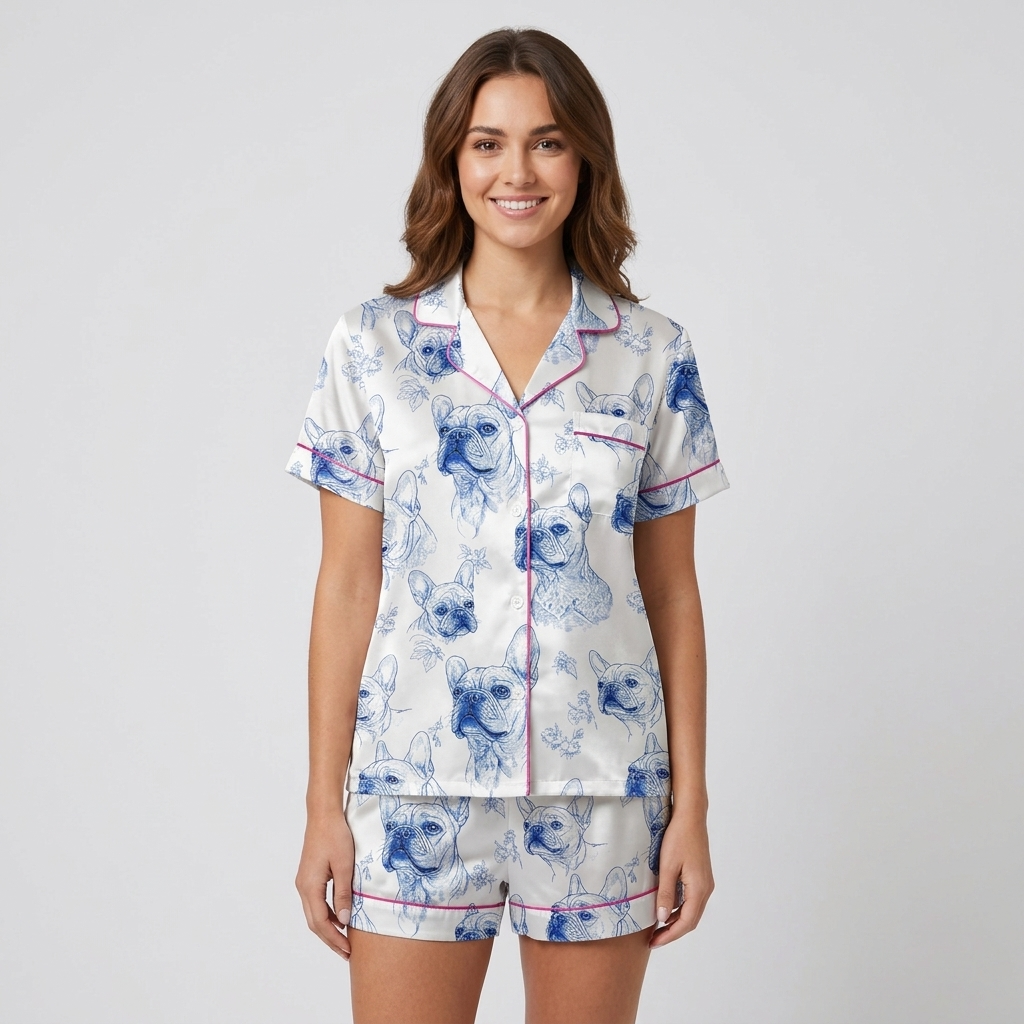 Women's satin pajama set with blue ink sketched French bulldog faces on white with fuchsia piping - short sleeve and shorts