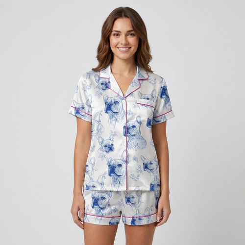 Women's satin pajama set with blue ink sketched French bulldog faces on white with fuchsia piping - short sleeve and shorts