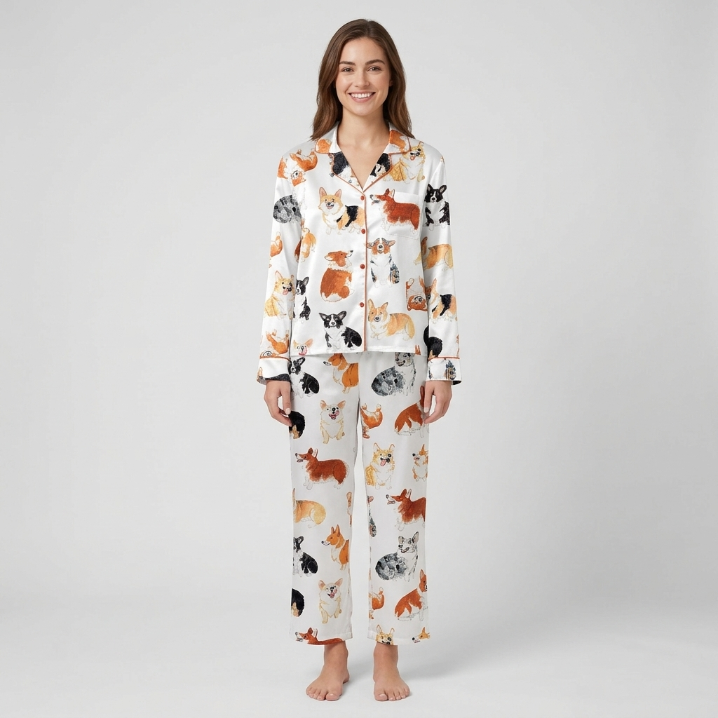 Women's satin pajama set with watercolor corgis flopping and trotting across white - long sleeve and pants