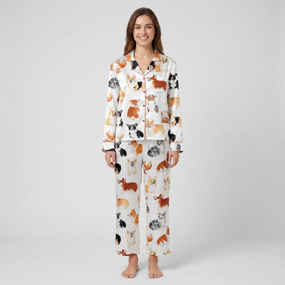 Women's satin pajama set with watercolor corgis flopping and trotting across white - long sleeve and pants