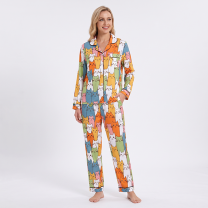 Colorful Cat Stack Women's Pajama Set - Multicolor - long sleeve and pants