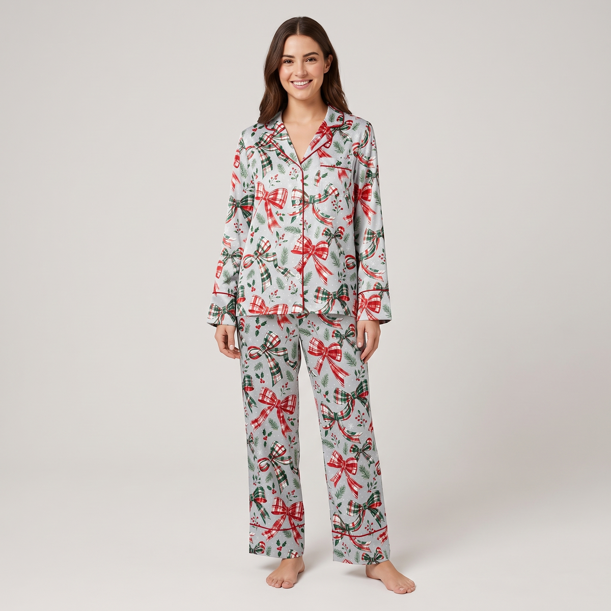Plaid Ribbon Bows Women's Pajama Set - long sleeve and pants