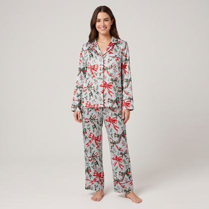 Plaid Ribbon Bows Women's Pajama Set - long sleeve and pants
