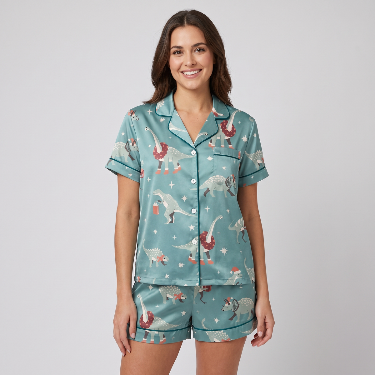 Dino-Mite Christmas Women's Pajama Set - short sleeve and shorts