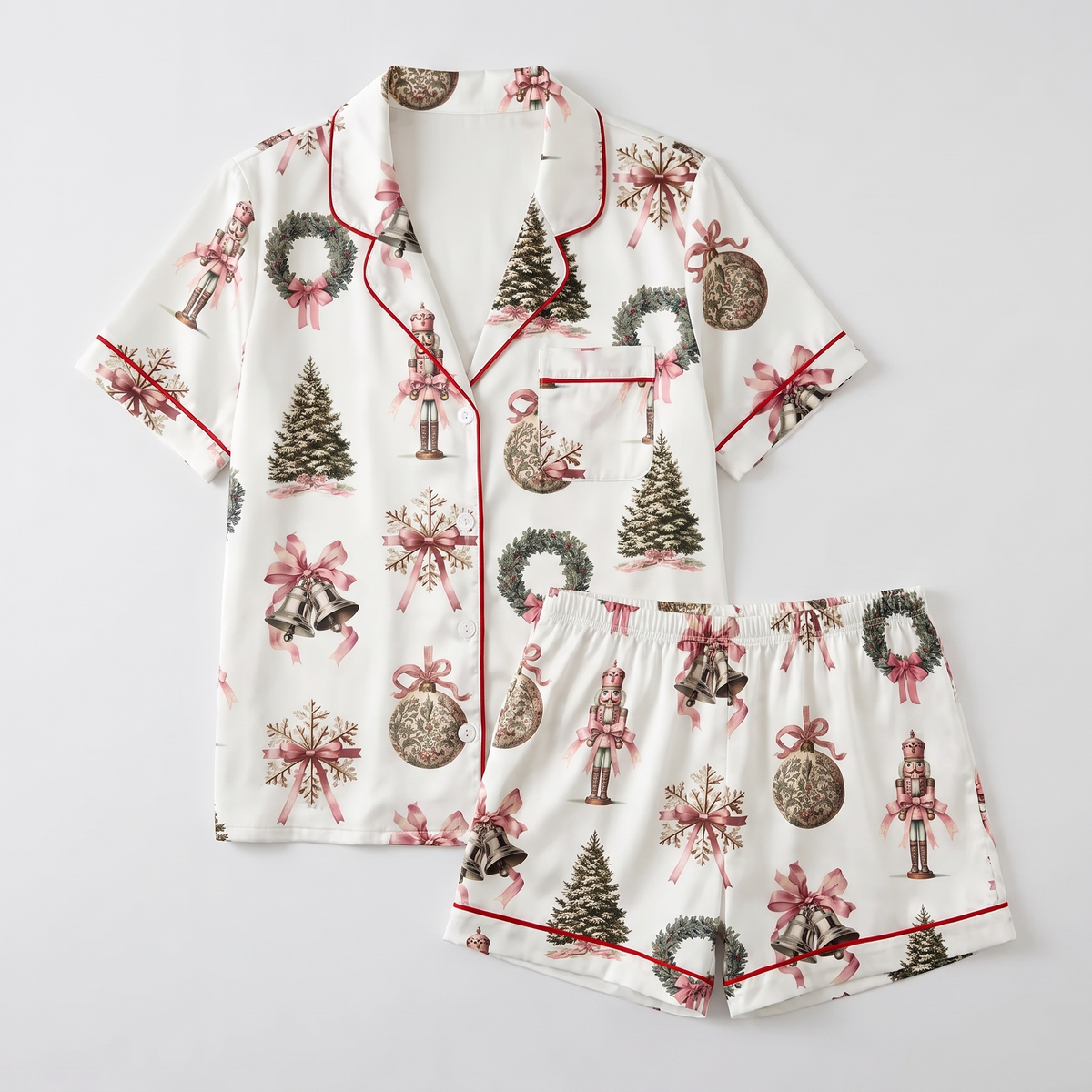 Vintage Pink Wreaths & Bells Women's Pajama Set - flat lay