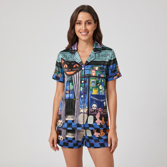 Haunted Shoppe Cat Women's Pajama Set - short sleeve and shorts