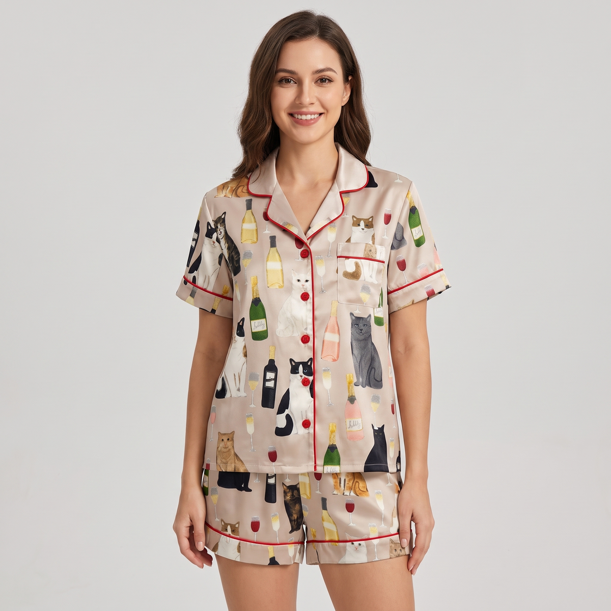 Champagne Cats Women's Pajama Set - short sleeve and shorts