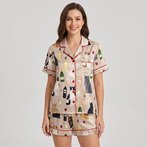 Champagne Cats Women's Pajama Set - short sleeve and shorts
