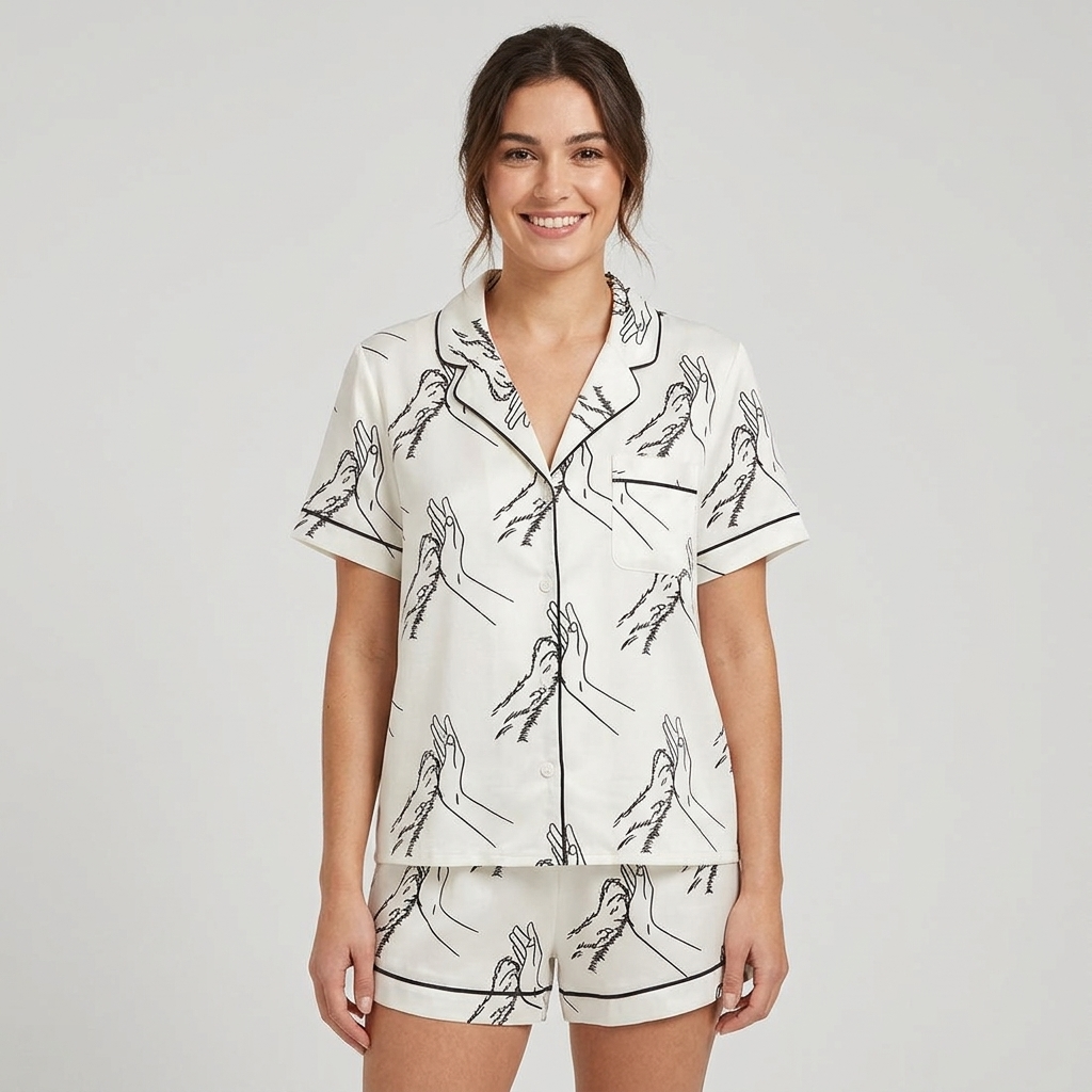 Women's satin pajama set with line-art hand and dog paw high fives on white - short sleeve and shorts