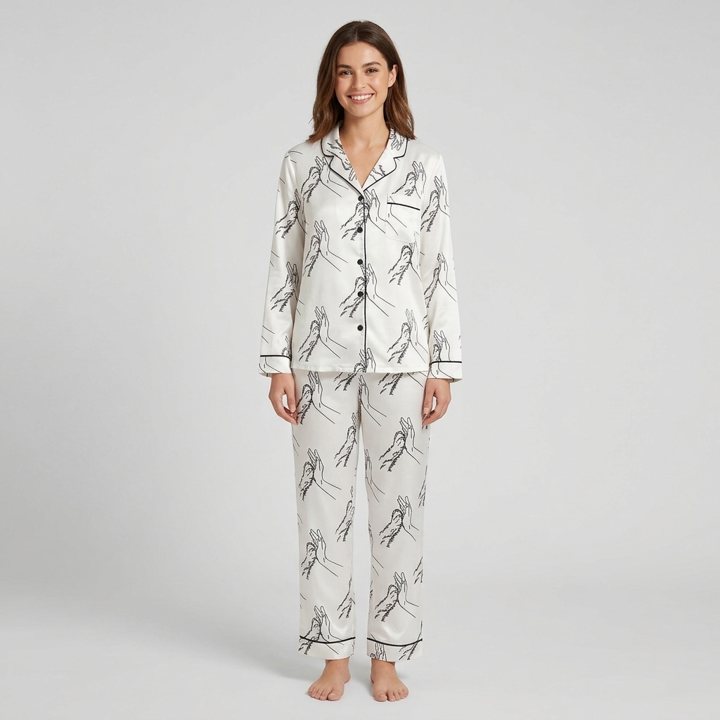 Women's satin pajama set with line-art hand and dog paw high fives on white - long sleeve and pants