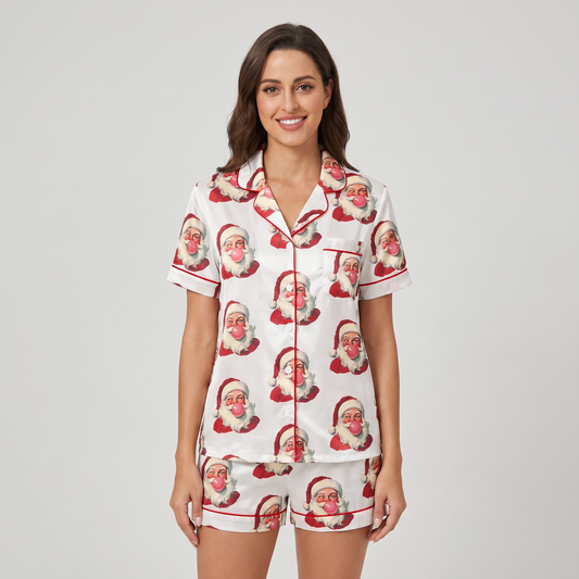 Retro Bubblegum Santa Women's Pajama Set - short sleeve and shorts