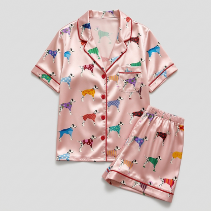 Women's satin pajama set with dalmatians in plaid, polka dot and checkered coats on blush pink - flat lay