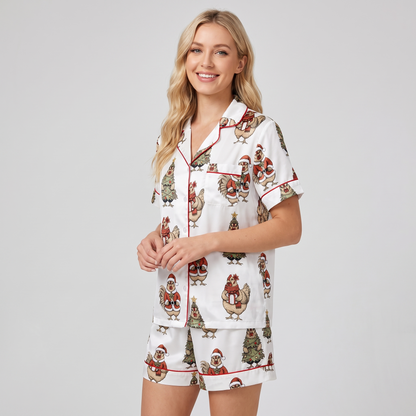Christmas Chicken Farm Women's Pajama Set - short sleeve and shorts