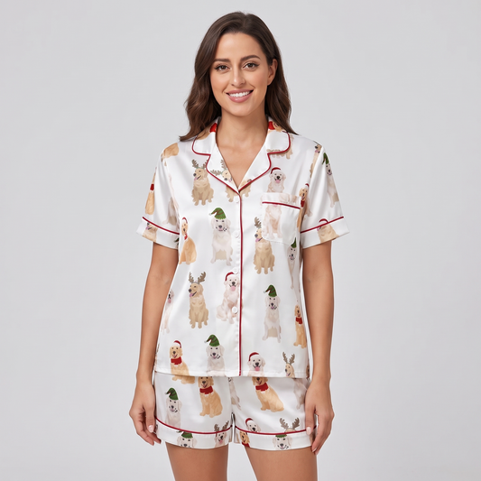 Retrievers In Antlers Women's Pajama Set - short sleeve and shorts