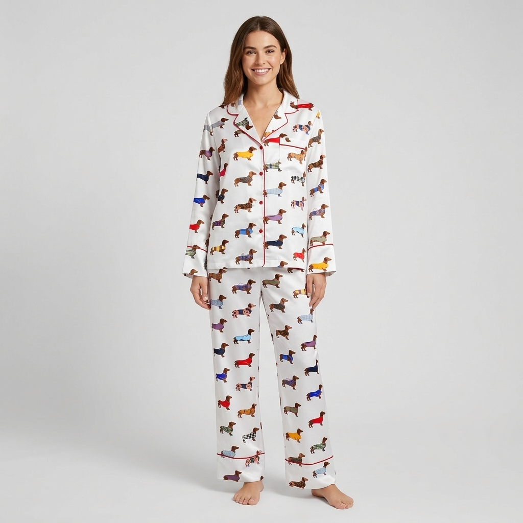 Women's long-sleeve satin pajama set with rows of dachshunds in rainbow tartan and striped sweaters on white - long sleeve and pants