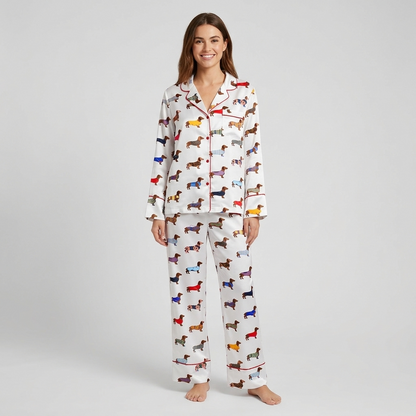 Women's long-sleeve satin pajama set with rows of dachshunds in rainbow tartan and striped sweaters on white - long sleeve and pants