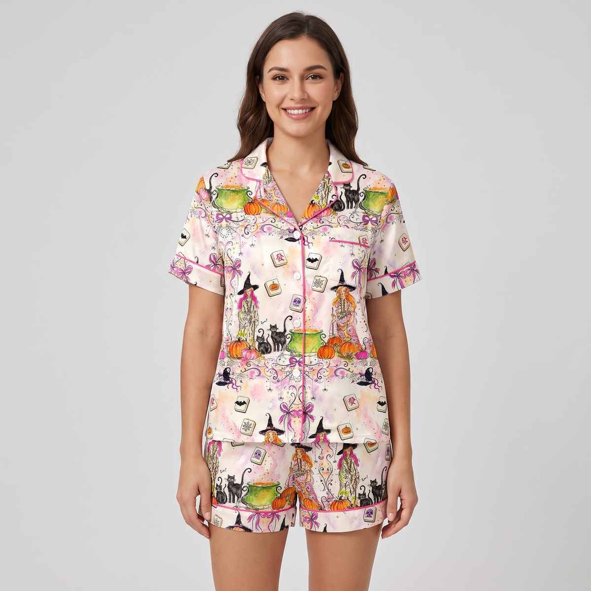 Witchy Mahjong Cats Women's Pajama Set - short sleeve and shorts