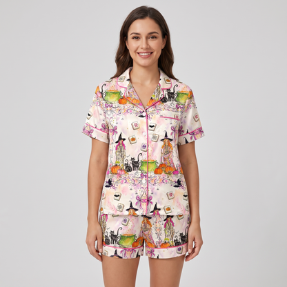 Witchy Mahjong Cats Women's Pajama Set - short sleeve and shorts