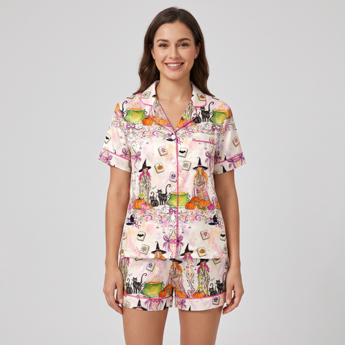 Witchy Mahjong Cats Women's Pajama Set - short sleeve and shorts