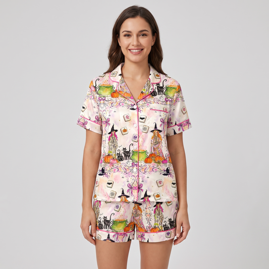 Witchy Mahjong Cats Women's Pajama Set - short sleeve and shorts