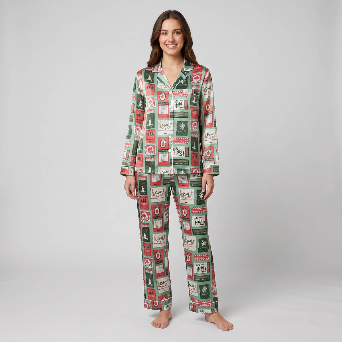Holly Jolly Card Tiles Women's Pajama Set - long sleeve and pants