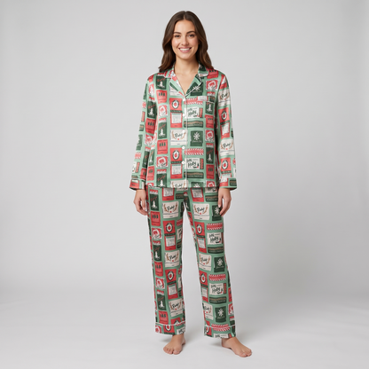 Holly Jolly Card Tiles Women's Pajama Set - long sleeve and pants