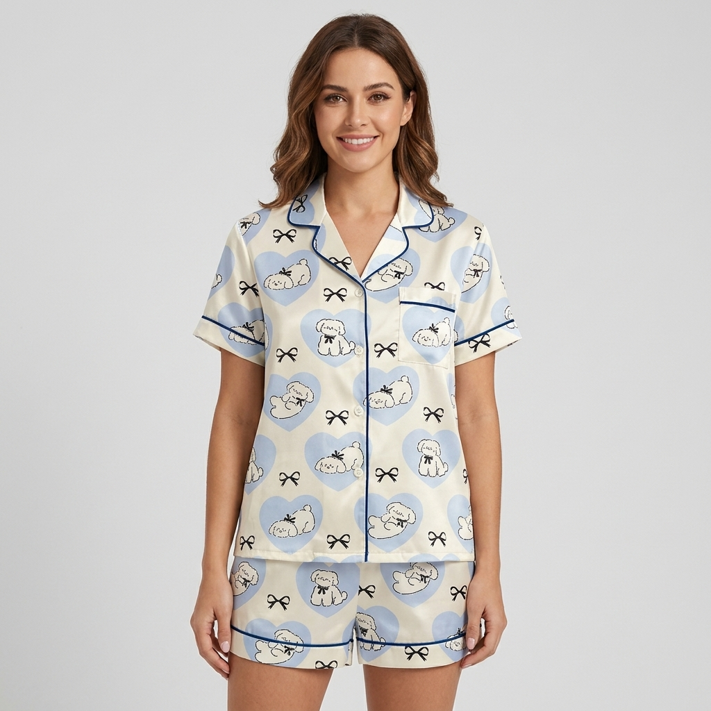 Fluffy Dogs in Blue Hearts Women's Pajama Set - Beige short sleeve and shorts