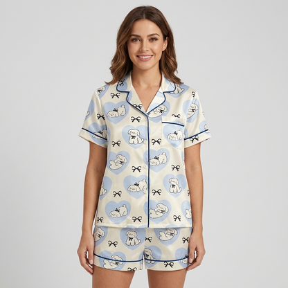 Fluffy Dogs in Blue Hearts Women's Pajama Set - Beige short sleeve and shorts