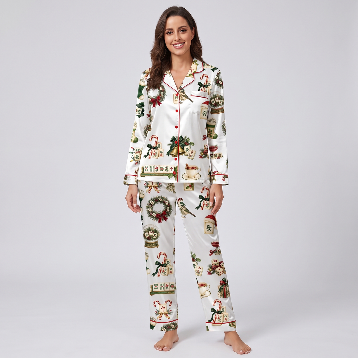 Christmas Mahjong Women's Pajama Set - long sleeve and pants