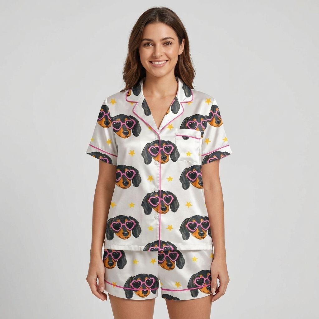 Women's satin pajama set with dachshund faces in pink heart sunglasses and tiny gold stars on white - short sleeve and shorts