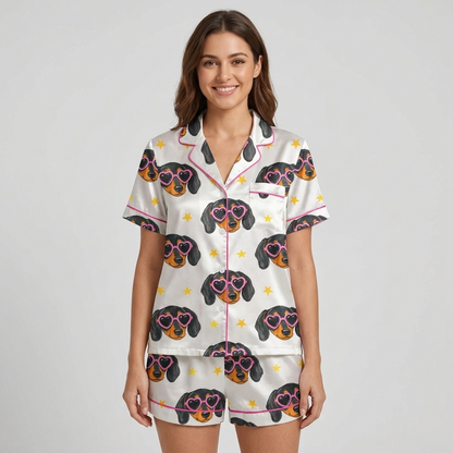Women's satin pajama set with dachshund faces in pink heart sunglasses and tiny gold stars on white - short sleeve and shorts
