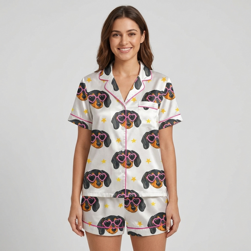 Women's satin pajama set with dachshund faces in pink heart sunglasses and tiny gold stars on white - short sleeve and shorts