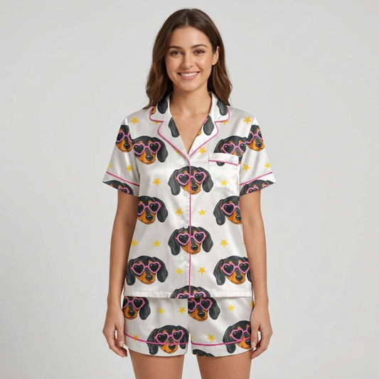 Women's satin pajama set with dachshund faces in pink heart sunglasses and tiny gold stars on white - short sleeve and shorts