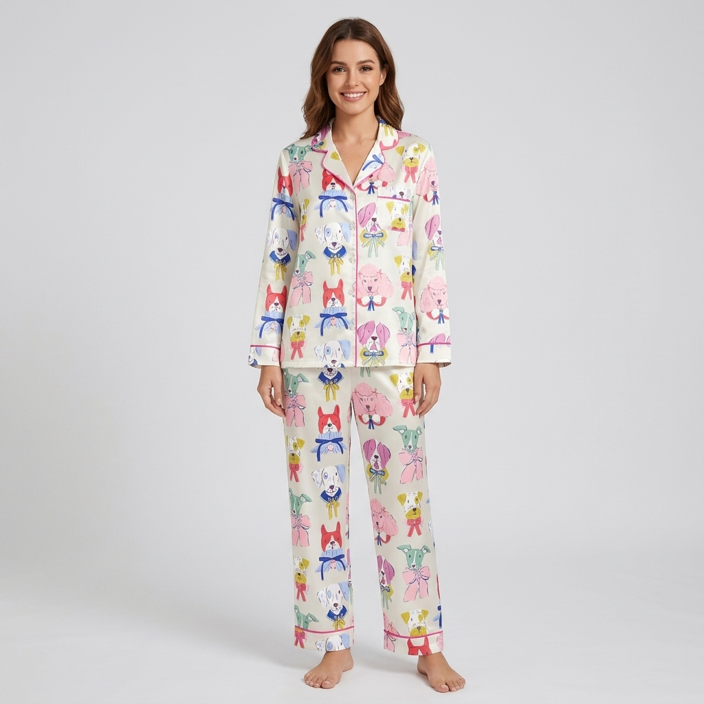 Women's satin pajama set with pastel pup faces tied in satin ribbons on white - long sleeve and pants