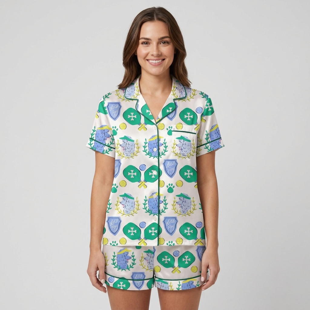 Women's satin pajama set with blue poodles with pickleball paddles and visors on cream - short sleeve and shorts