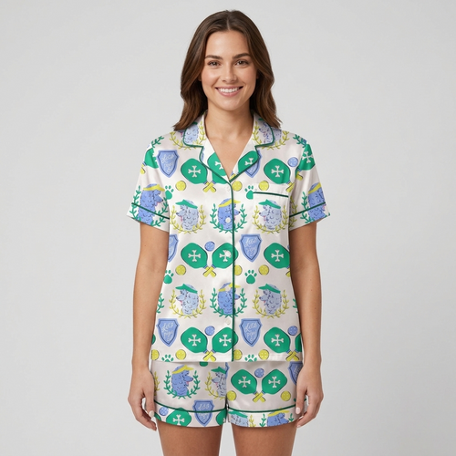 Women's satin pajama set with blue poodles with pickleball paddles and visors on cream - short sleeve and shorts