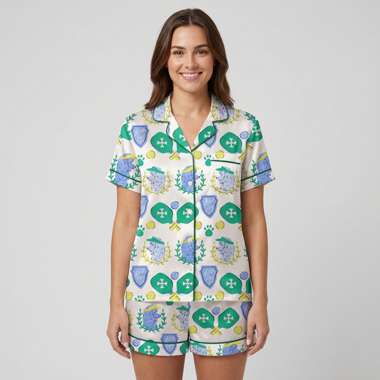 Women's satin pajama set with blue poodles with pickleball paddles and visors on cream - short sleeve and shorts