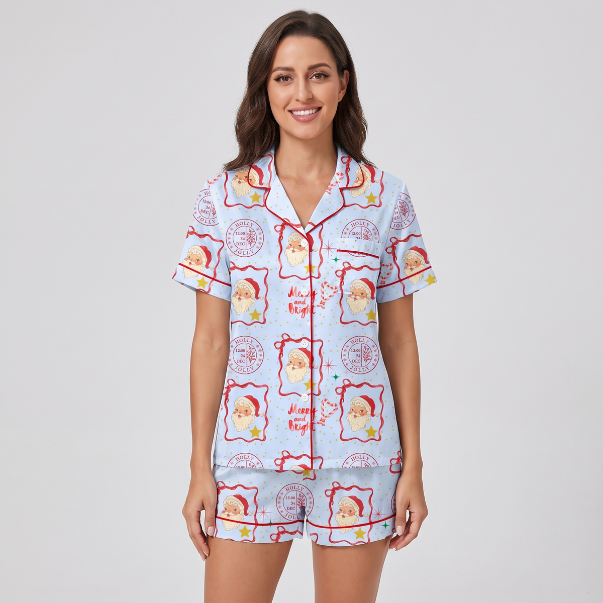 Retro Santa Postmarks Women's Pajama Set - short sleeve and shorts