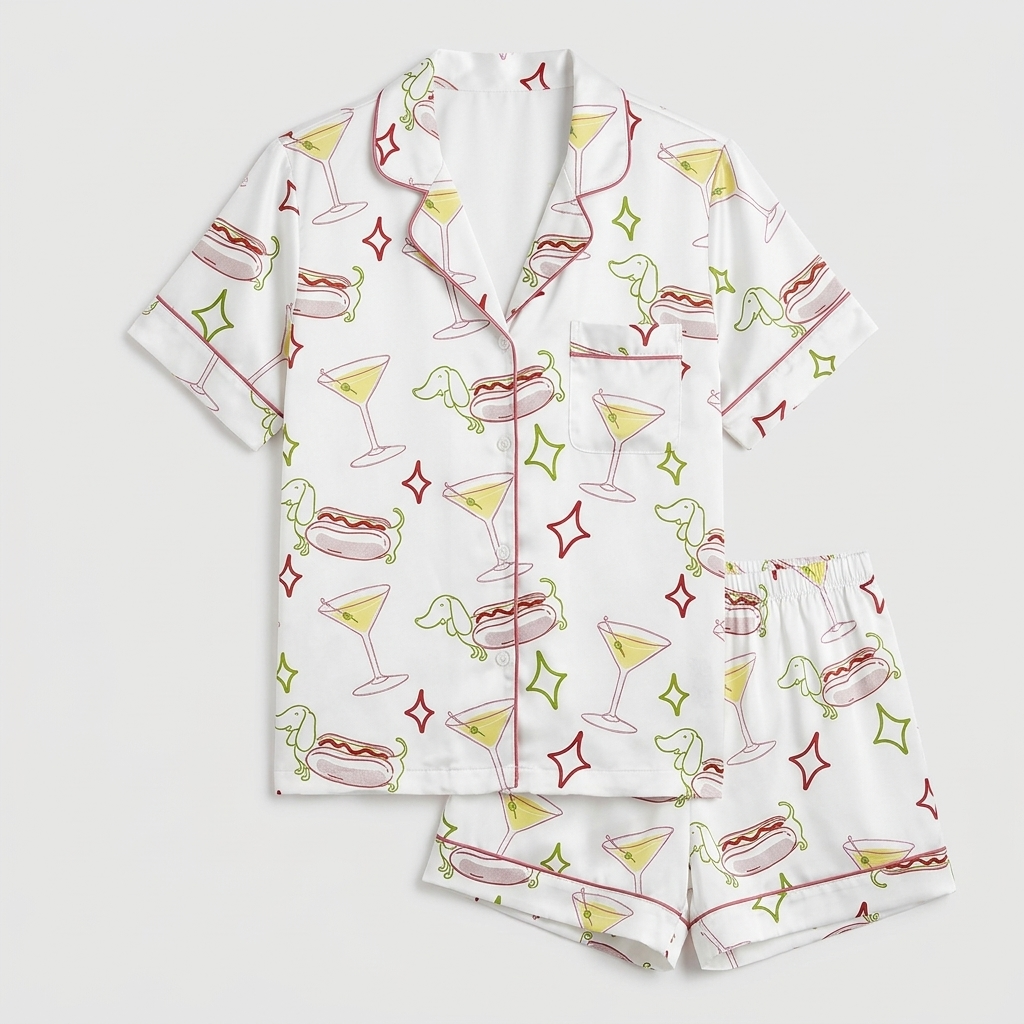 Women's satin pajama set with martinis, hot dogs and dachshund outlines on white with sparkly stars - flat lay