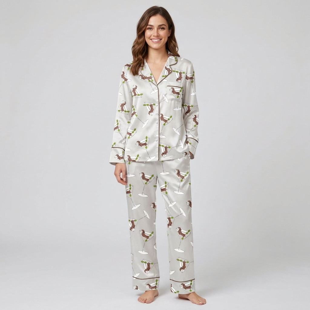 Women's satin pajama set with brown dachshunds leaping around martini glasses and olive picks on pale gray - long sleeve and pants