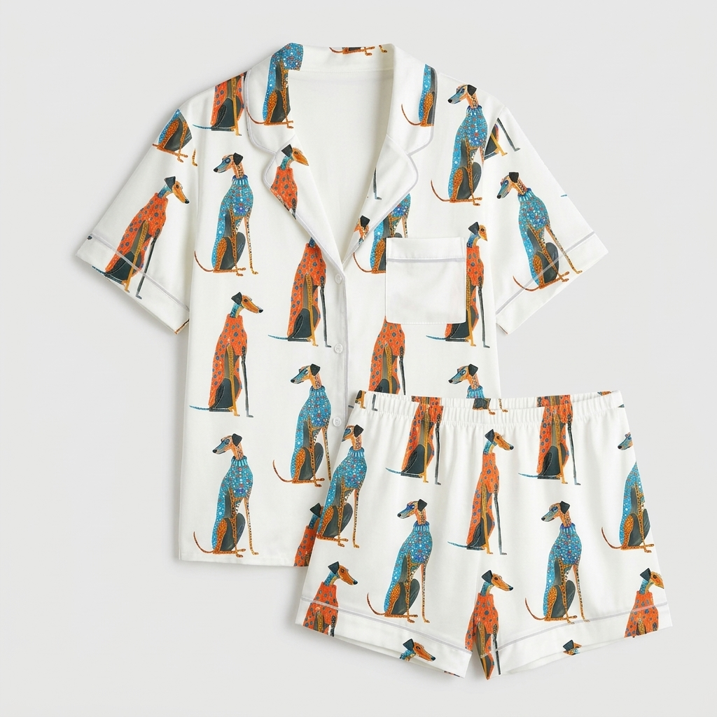 Women's satin pajama set with seated greyhounds in blue and orange patterned coats on white - flat lay