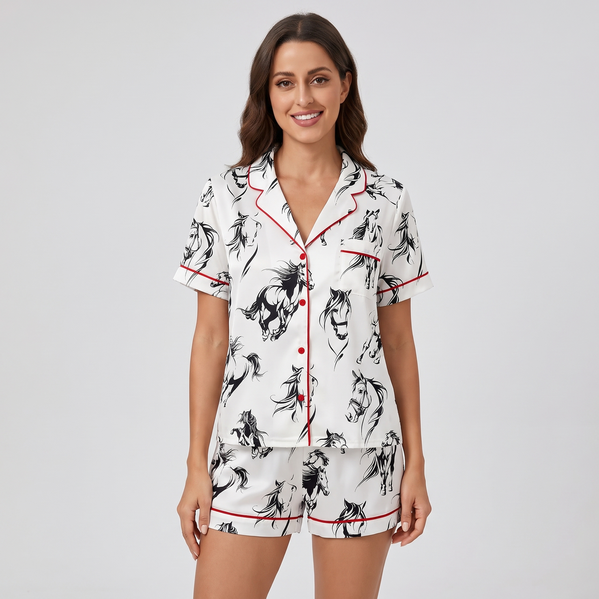Ink Stroke Galloping Horses Women's Pajama Set - short sleeve and shorts