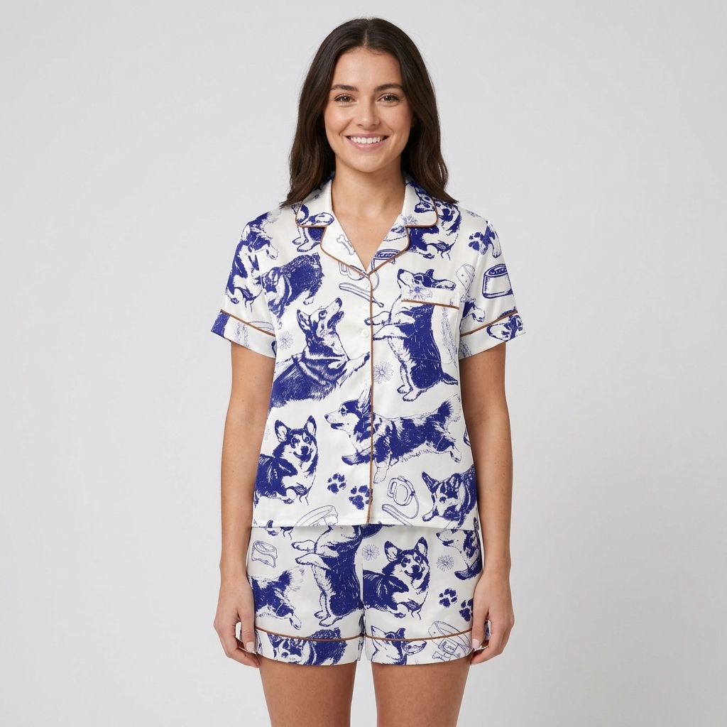 Women's satin pajama set with navy ink sketched corgis, paw prints, bowls and collars on white - short sleeve and shorts