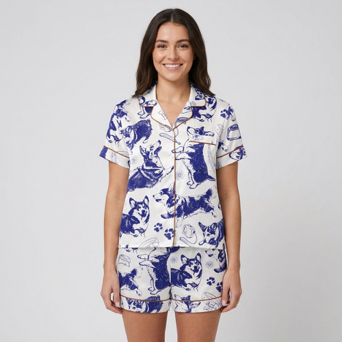 Women's satin pajama set with navy ink sketched corgis, paw prints, bowls and collars on white - short sleeve and shorts