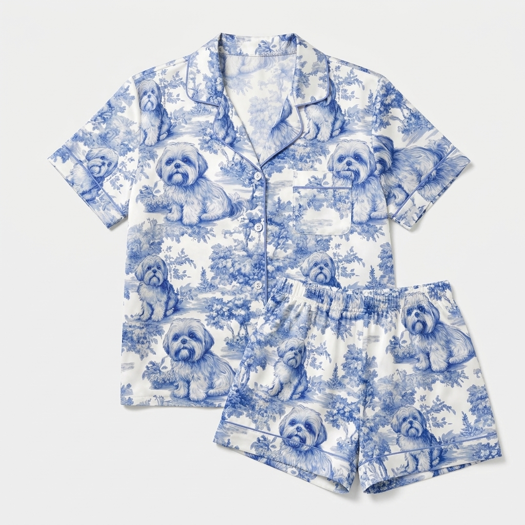 Women's satin pajama set with shih tzus in a blue toile landscape of cottages and hills on white - flat lay