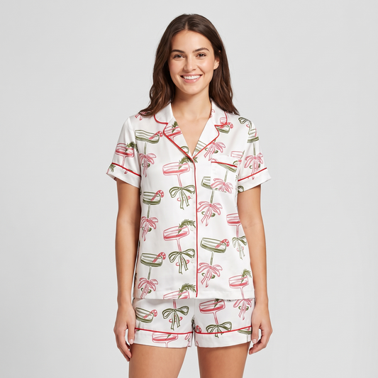 Retro Holiday Cocktails Women's Pajama Set - short sleeve and shorts