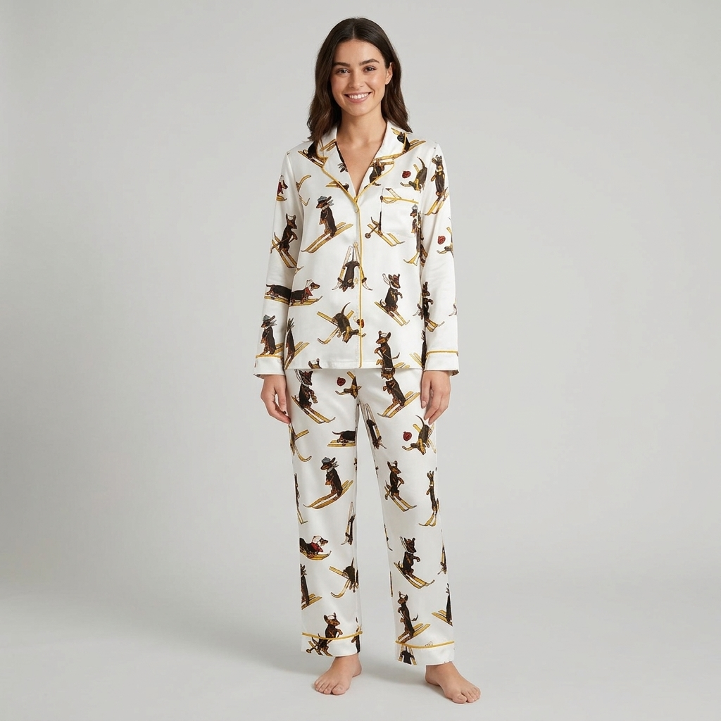 Women's satin pajama set with vintage dachshunds in knit caps skiing on golden skis on white - long sleeve and pants