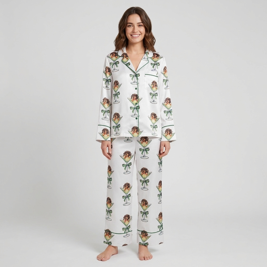 Women's satin pajama set with dachshund puppies peeking over martini glasses tied with sage green bows - long sleeve and pants