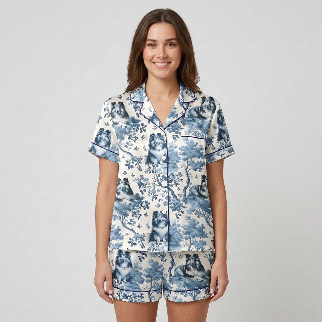Women's satin pajama set with Shetland sheepdogs among blue-and-white toile trees and butterflies - short sleeve and shorts