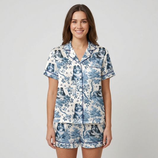 Women's satin pajama set with Shetland sheepdogs among blue-and-white toile trees and butterflies - short sleeve and shorts